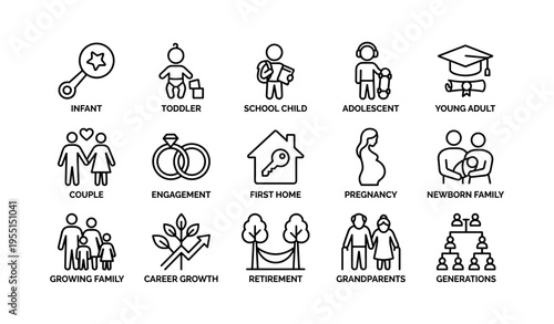 Stages of life icons: infant to generations and milestones