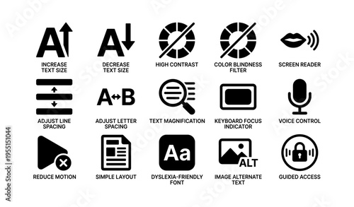 Accessibility icons: screen reader, voice control, dyslexia font, color filter