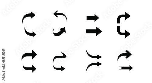 Collection of black arrow icons displaying various directional curves and movements