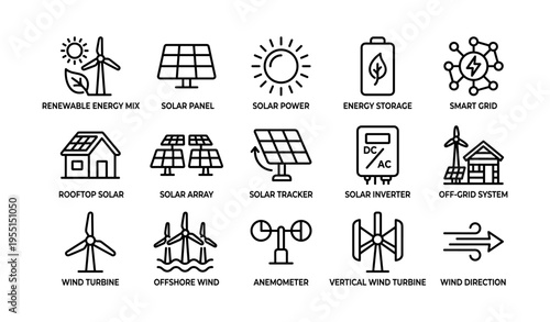 Renewable energy icons: solar, wind, and grid technologies