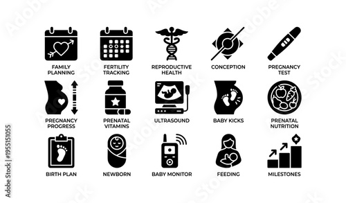 Icons representing various aspects of pregnancy and parenthood