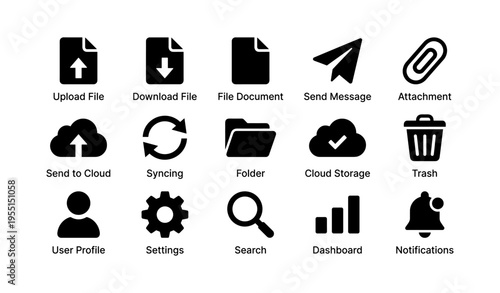 Set of 15 black file and communication icons on white background