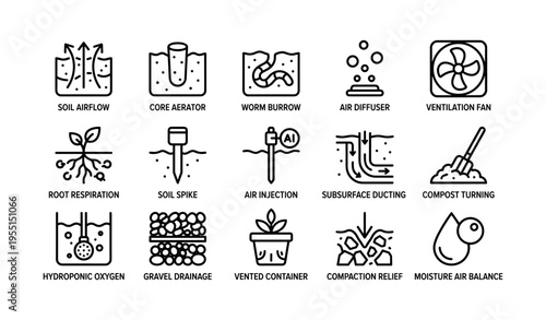 Soil and airflow vector icons for efficient garden ventilation and root health