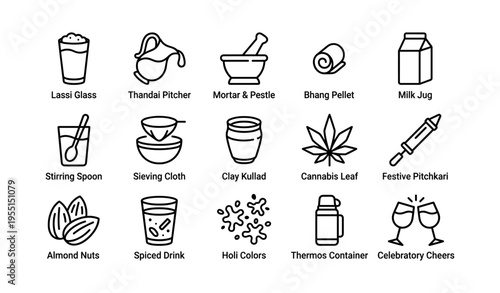 Holi festival icons: drinks, tools, and celebrations set