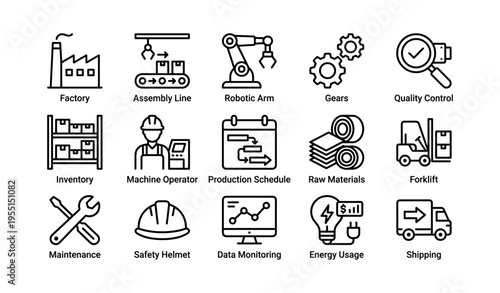 Factory icons set: assembly line, robotic arm, gears, quality control, shipping