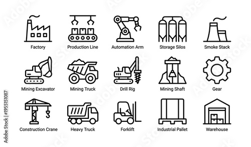 Industrial icons set: factory, automation, mining, construction, logistics