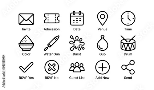 Event planning icons set including invite venue time and more