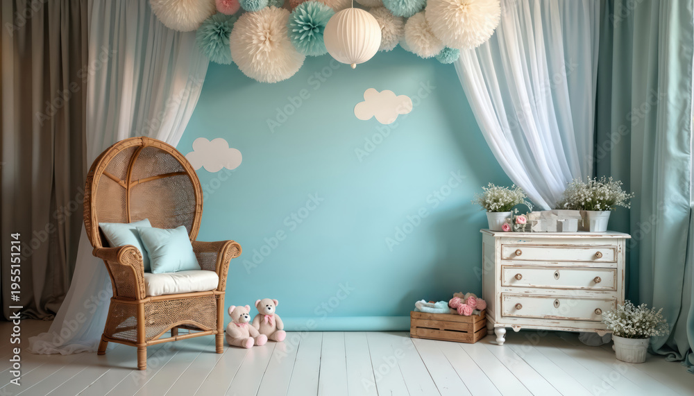 Fototapeta premium Childrens photo studio background with cute teddy bears, wicker chair, decorative clouds. Pastel blue wall, white wooden floor create serene setting. Vintage dresser with flowers adds charm to