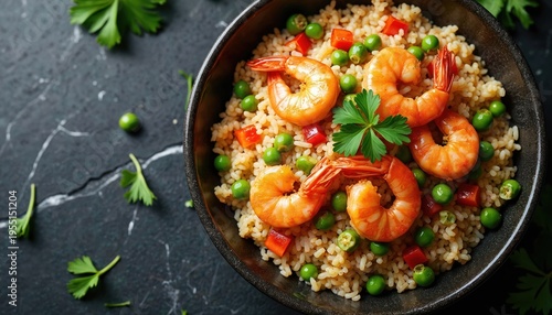Filipino seafood paella served in black bowl with prawns, peas and red peppers. Close up top view of cooked rice dish with garnish on dark marble.