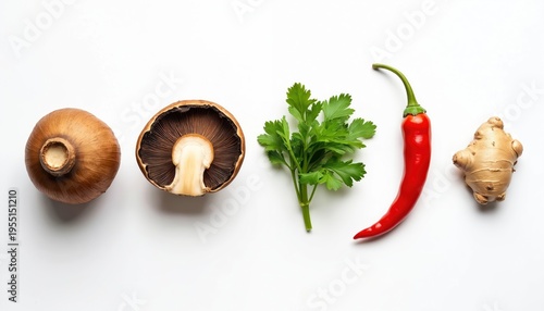 Flat lay of fresh ingredients including mushroom half whole, green cilantro sprig, red chili pepper, ginger root on white background. Asian food preparation elements for cooking spicy flavorful
