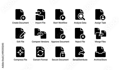 Essential document management icons for workflow and file organization