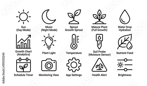 Icons of sun moon plants growth technology and health alerts
