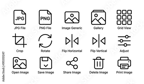 Set of minimalist image editing icons for digital tools and applications