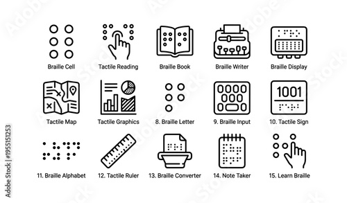 Braille tools and applications icons set with tactile reading and writing elements