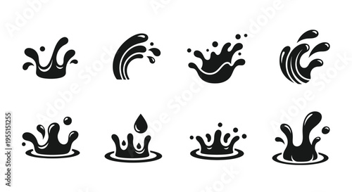 Collection of black water splash designs and liquid droplet vector illustrations