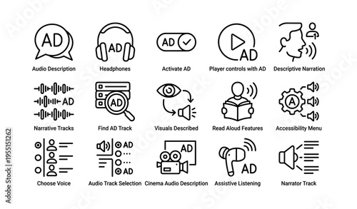 Audio description icons set for enhanced accessibility features