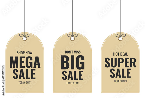 Collection of hanging sale tags for retail shopping promotions and limited time discount deals