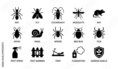 Vector icons of common pests and pest control solutions