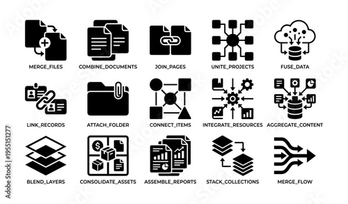 Icon set for merging and organizing files and data with various tools