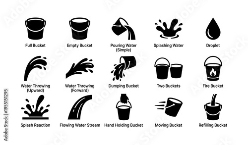 Set of black water and bucket icons illustrating various actions and reactions