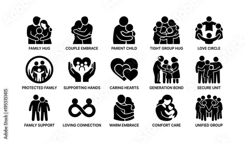 Family and community icons depicting love and support in various embrace situations