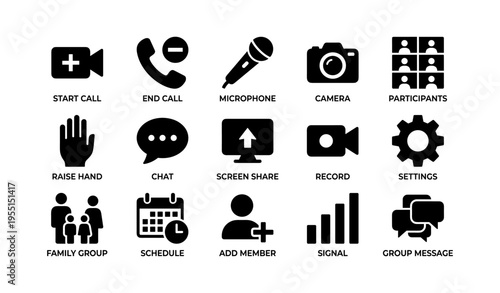 Icon set for communication tools: call, chat, camera, microphone, settings