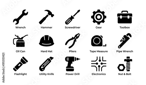 Essential tools and equipment icons for construction and repair