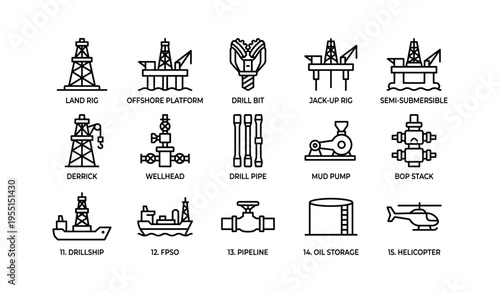 Oil industry icons: rigs, platforms, drill bits, pumps, pipelines, storage, helicopter