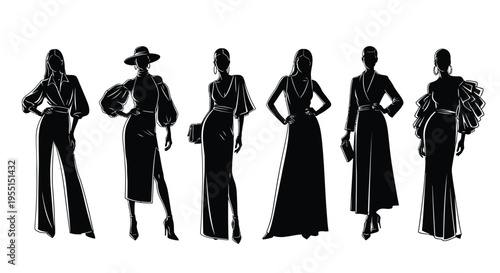 Silhouettes of fashionable women in various elegant outfits and poses