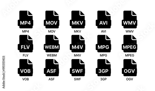 Icons of popular video file formats: mp4, mov, mkv, avi, wmv