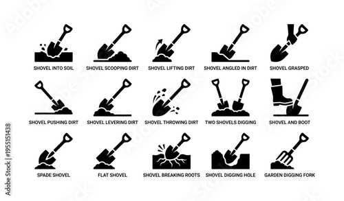 Various shovel actions and types for gardening and digging tasks