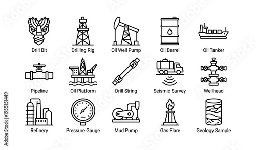 Oil industry icons: drill bit, rig, pump, barrel, tanker, and equipment symbols