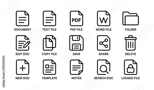 Document and file management icons: pdf, word, folder, edit, share