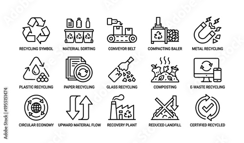 Comprehensive recycling and waste management icons for sustainable practices