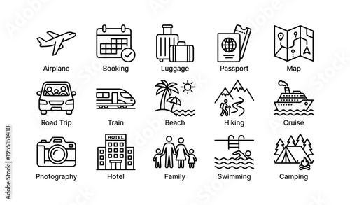 Travel icons set including airplane, luggage, passport, train, beach, and camping