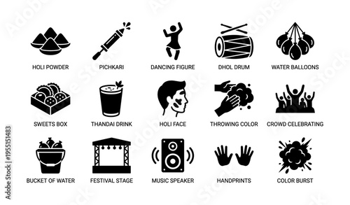 Icons of holi: powder, pichkari, dancing, dhol drum, water balloons