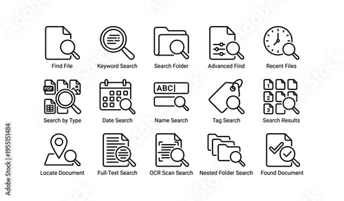 Search and data management icons set for efficient file organization
