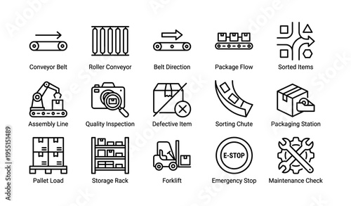 Industrial icons set featuring conveyor belt, packaging, and safety symbols