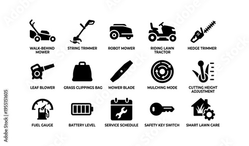 Lawn and garden equipment icons set: mowers, trimmers, blowers, and more