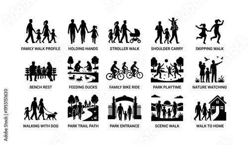 Family activities silhouettes: walking, biking, playing, nature watching