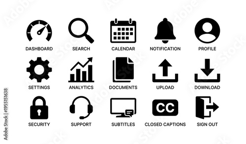 User interface icon set featuring dashboard, search, calendar, notification, and more