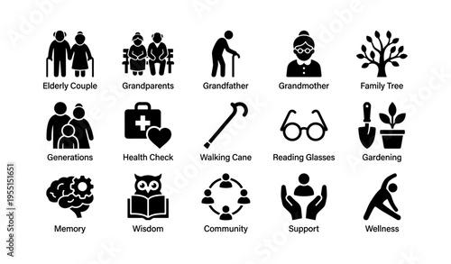 Elderly icons: grandparents, family tree, health, support, and wellness