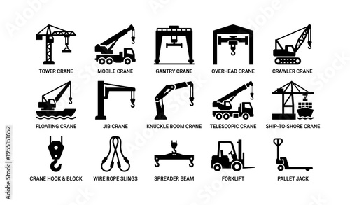 Types of cranes and lifting equipment icons