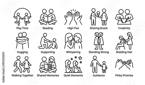 Illustration of simple black and white line art depicting various friendship activities