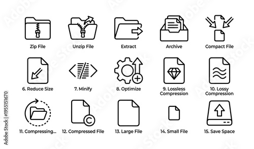 Icons illustrating file management processes like zip, extract, and compression