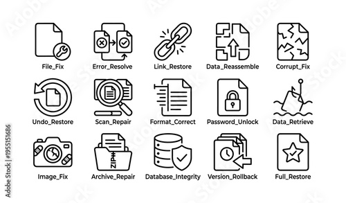 Icon set for data recovery and file repair with various tools and processes