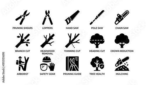 Tree care tools and techniques icons: pruning, cutting, arborist safety