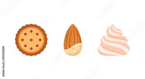 Sweet treat trio: biscuit, almond, and cream delight on white background