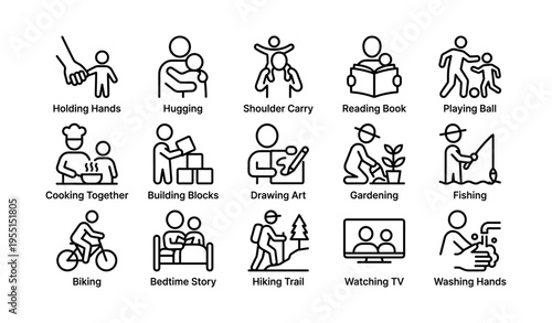 Icon set of family activities: reading, playing, gardening, fishing, cooking, cycling