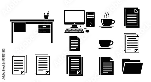 Office silhouette icons set: desk, computer, coffee, and files for workplace design